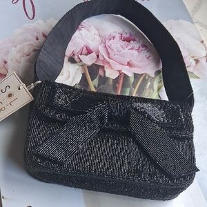 Beaded Black Mini Shoulder Bag with Bow Accent